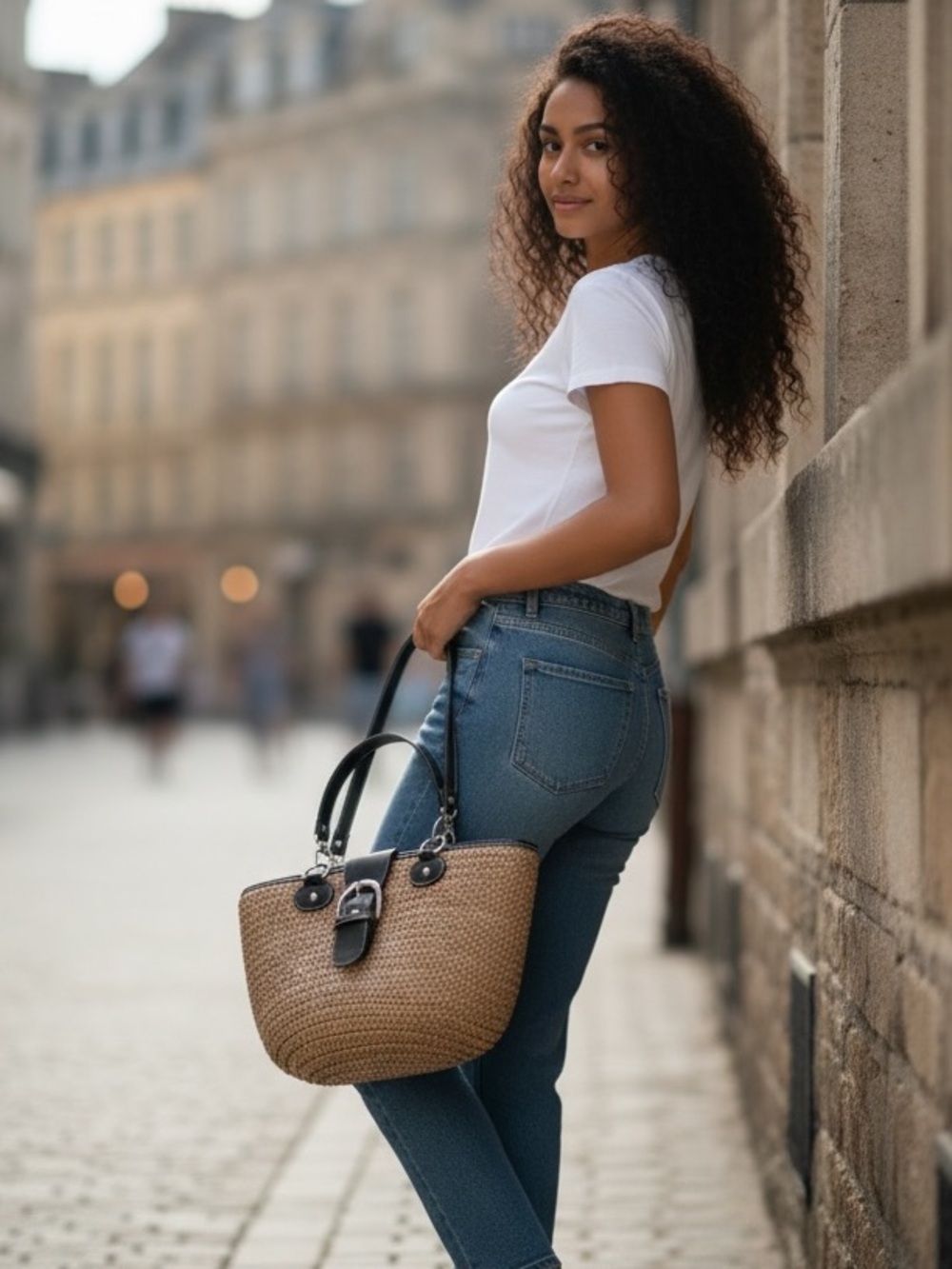 Woven Straw Tote with Black Trim and Buckle